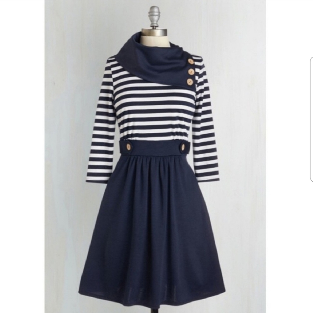 Modcloth Coach Tour A-line Dress navy/white stripe